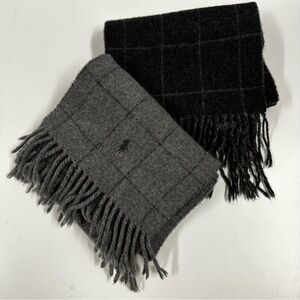 TWO Polo RL Reversible Lamb's Wool Scarves Grey Black Plaid Ralph Lauren